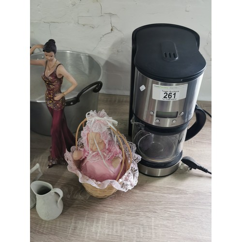 261 - A quantity of collectables including a coffee machine, a tall lady figurine, a pair of Portmeirion P... 