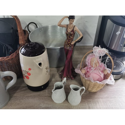 261 - A quantity of collectables including a coffee machine, a tall lady figurine, a pair of Portmeirion P... 