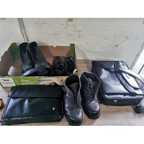 263 - A quantity of leather items including an antler laptop bag, work satchel bag, 2 pairs of size 10 hob... 