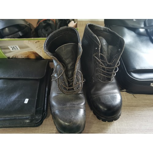263 - A quantity of leather items including an antler laptop bag, work satchel bag, 2 pairs of size 10 hob... 