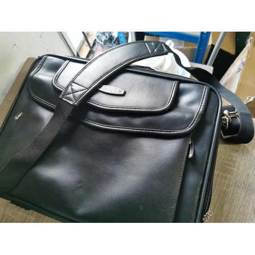263 - A quantity of leather items including an antler laptop bag, work satchel bag, 2 pairs of size 10 hob... 