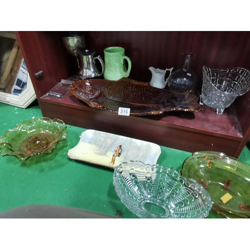 516 - A quantity of collectable including a large treacle glazed fish shaped platter, pressed glass vases,... 