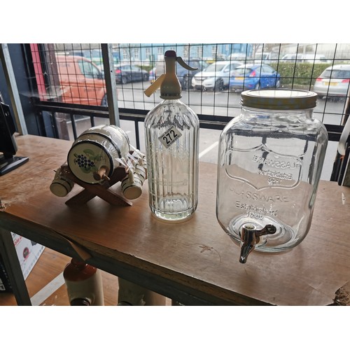 272 - A vintage ceramic barrel with six ceramic shot cups, a soda siphon by Hooper Struve along with a lar... 