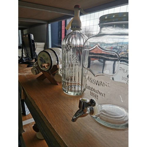 272 - A vintage ceramic barrel with six ceramic shot cups, a soda siphon by Hooper Struve along with a lar... 