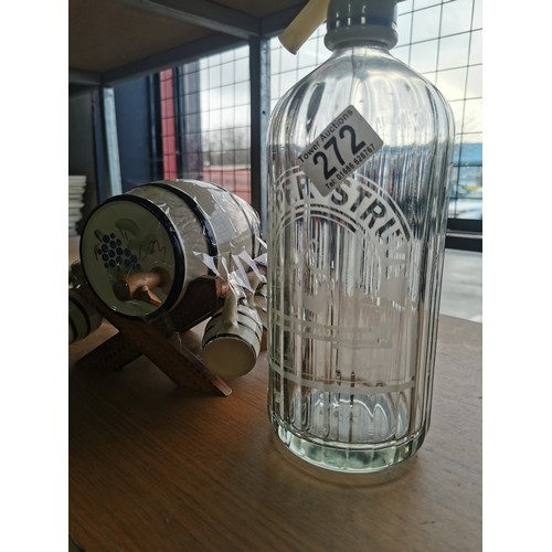 272 - A vintage ceramic barrel with six ceramic shot cups, a soda siphon by Hooper Struve along with a lar... 