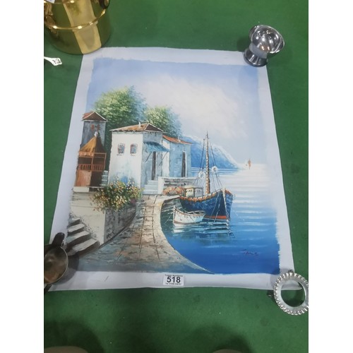 518 - A acrylic on canvas painting of a Italian harbour scene. Pallet knife painted, signed lower right, i... 