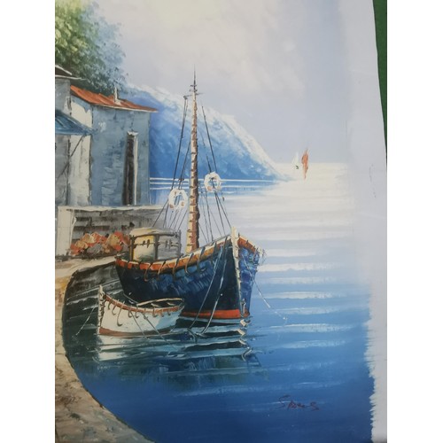 518 - A acrylic on canvas painting of a Italian harbour scene. Pallet knife painted, signed lower right, i... 