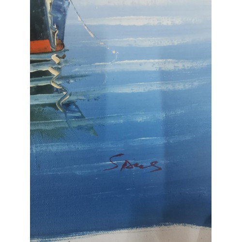 518 - A acrylic on canvas painting of a Italian harbour scene. Pallet knife painted, signed lower right, i... 