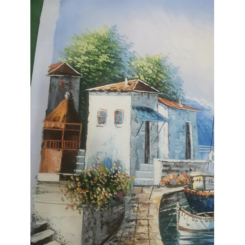 518 - A acrylic on canvas painting of a Italian harbour scene. Pallet knife painted, signed lower right, i... 