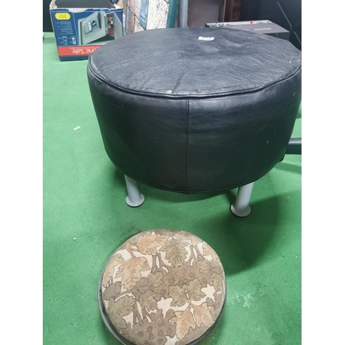 528 - A circular leatherette Ikea footstool along with an antique inlaid wood footstool with bun feet.