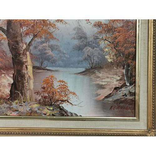 289 - A pair of framed oil paintings of woodland and river scenes. Commercial paintings. Largest measure h... 