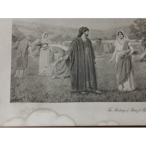 297 - Three framed and glazed black and white prints. Two with religious connotations depicting Ruth and N... 