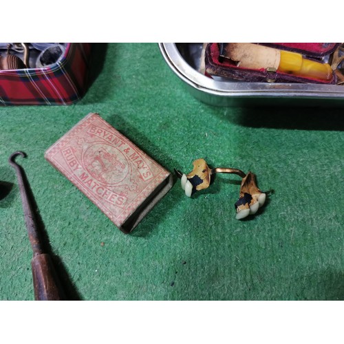 482 - 3x boxes full of various collectables and sundries inc an Amber Sheroot, Propelling pencils, pipes, ... 
