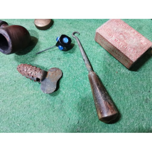482 - 3x boxes full of various collectables and sundries inc an Amber Sheroot, Propelling pencils, pipes, ... 