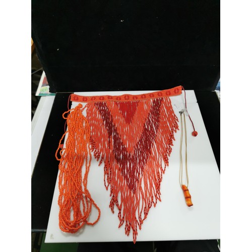 483 - 2x large African genuine coral beaded necklaces along with a rope necklace which has a large chunk o... 