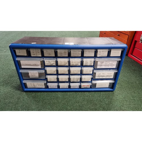 9 - 30x drawer organiser unit containing a large quantity of listed and sorted Meccano parts inc some ra... 