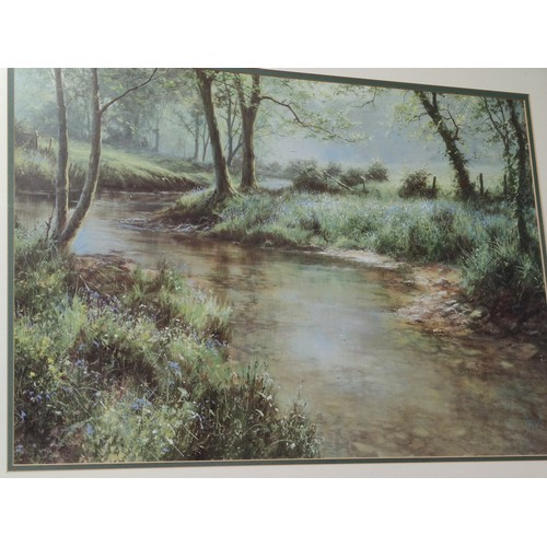 497A - Large framed and glazed print of a river scene signed bottom right, 64cm high, 82cm long