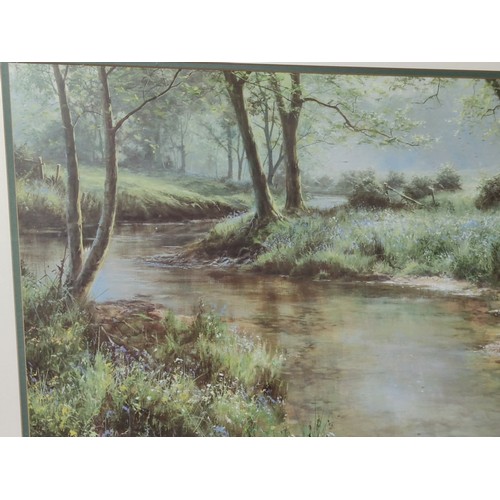497A - Large framed and glazed print of a river scene signed bottom right, 64cm high, 82cm long
