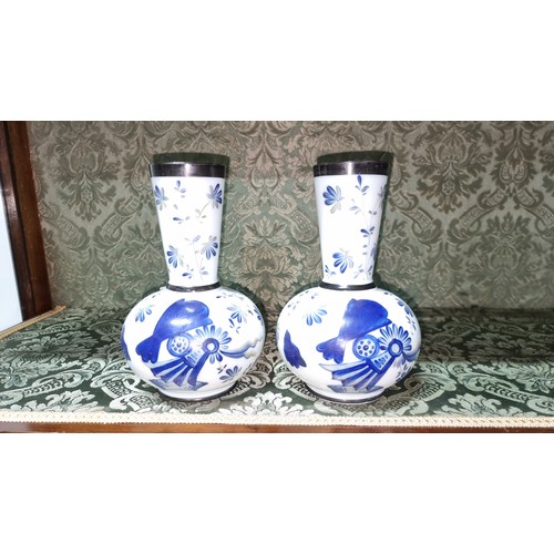 496 - A pair of milk glass hand painting vases with floral design with signature to the base in excellent ... 