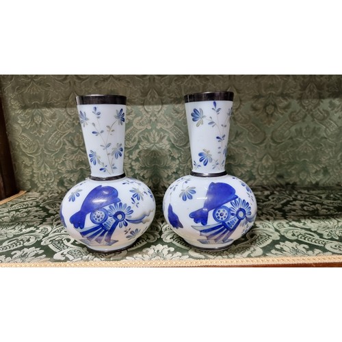 496 - A pair of milk glass hand painting vases with floral design with signature to the base in excellent ... 