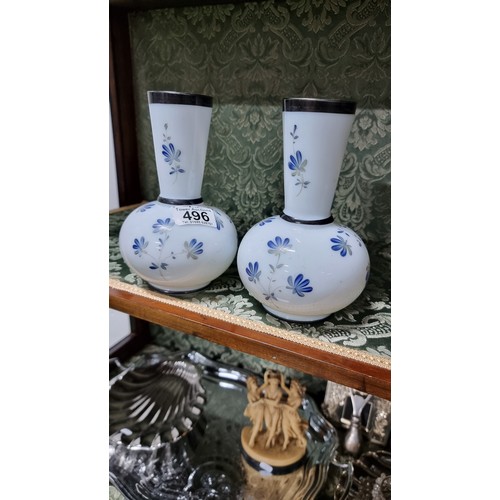 496 - A pair of milk glass hand painting vases with floral design with signature to the base in excellent ... 