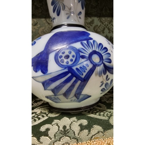 496 - A pair of milk glass hand painting vases with floral design with signature to the base in excellent ... 