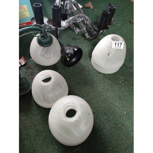 117 - 2 light ceiling fittings, one with 3 shades, one with 5. shades are frosted glass. The 5 piece is AF... 