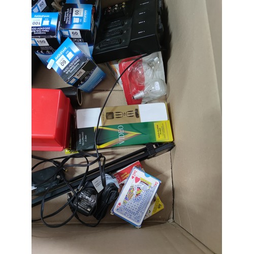 119 - A box containing a quantity of electrical items, including scart lead interface, along with a quanti... 