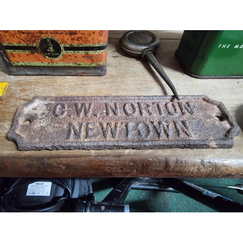 3 - Quantity of vintage tins along with a iron plaque for G.W. Norton Newtown.