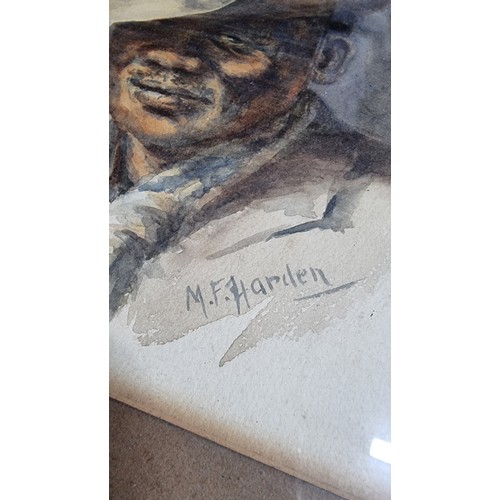 444 - Well done original watercolour portrait of a African American man wearing a hat presenting good deta... 