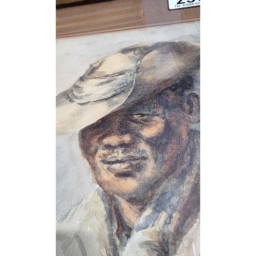 444 - Well done original watercolour portrait of a African American man wearing a hat presenting good deta... 
