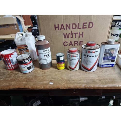 28 - Box of tins of thinners, paint, woodworm killer etc along with a new and unused pack of 20x spot lam... 