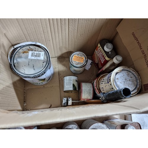 28 - Box of tins of thinners, paint, woodworm killer etc along with a new and unused pack of 20x spot lam... 