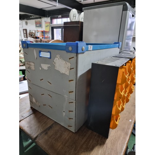 31 - Large box containing a large quantity of organiser tool and bit storage boxes. height 49cm x width 6... 