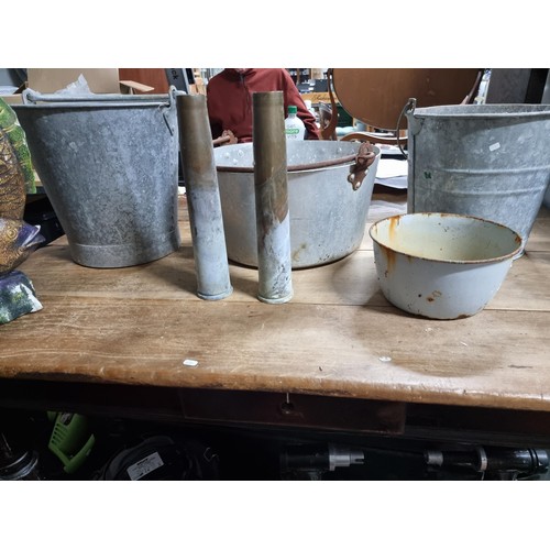 35 - 2x galvanised buckets with no holes along with a large aluminium pan, vintage brass shells, wooden f... 