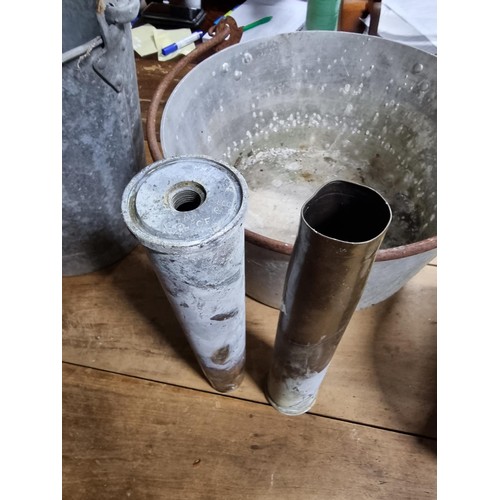 35 - 2x galvanised buckets with no holes along with a large aluminium pan, vintage brass shells, wooden f... 