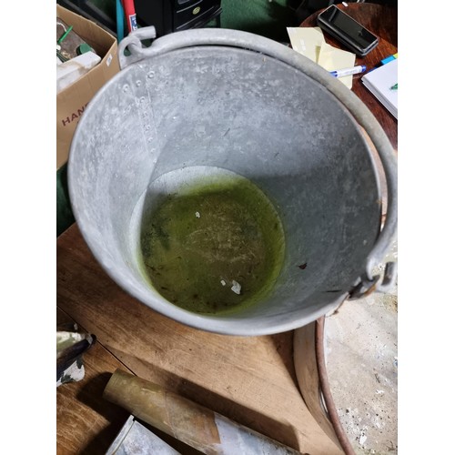 35 - 2x galvanised buckets with no holes along with a large aluminium pan, vintage brass shells, wooden f... 