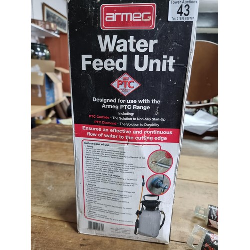 43 - Boxed Armeg water feed unit for drilling into tiles etc along with Armeg porcelain tile drill