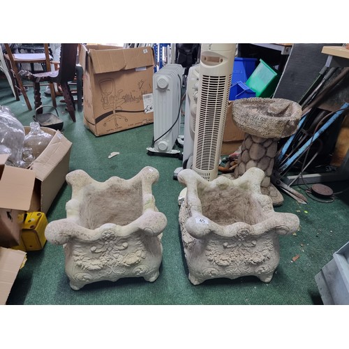 45 - Pair of square formed concrete garden planters with an ornate cast design in good condition. Height ... 