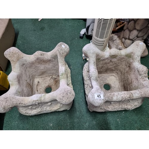 45 - Pair of square formed concrete garden planters with an ornate cast design in good condition. Height ... 