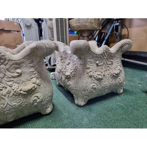 45 - Pair of square formed concrete garden planters with an ornate cast design in good condition. Height ... 