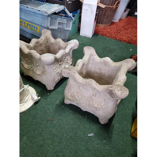 45 - Pair of square formed concrete garden planters with an ornate cast design in good condition. Height ... 