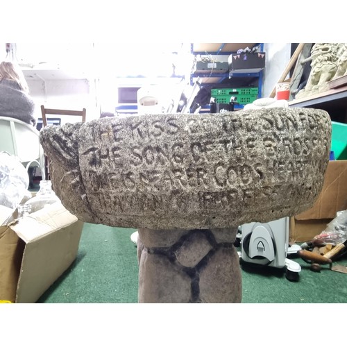 46 - Vintage stoneware bird bath with a limerick / poem to the front in good condition. Height 49cm xc wi... 