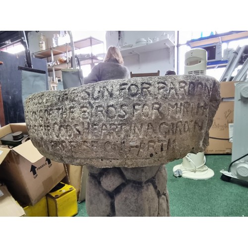 46 - Vintage stoneware bird bath with a limerick / poem to the front in good condition. Height 49cm xc wi... 