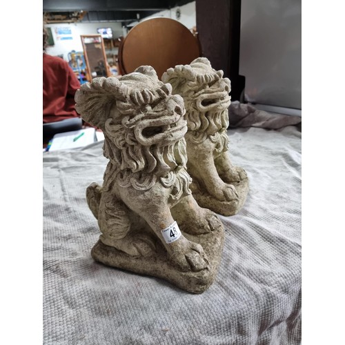 48 - Pair of vintage stoneware Foo Dogs garden figures, very well cast. Both in good order. Height of 33c... 