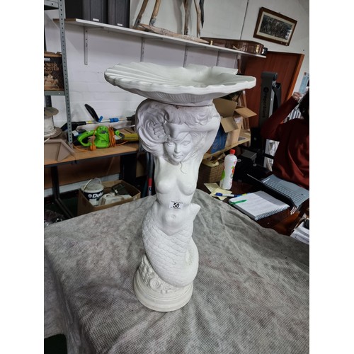 50 - Tall vintage Mermaid formed bird bath with a shell bath top made out of resin in good condition with... 