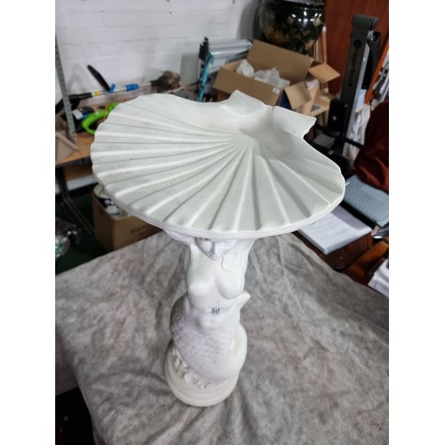 50 - Tall vintage Mermaid formed bird bath with a shell bath top made out of resin in good condition with... 