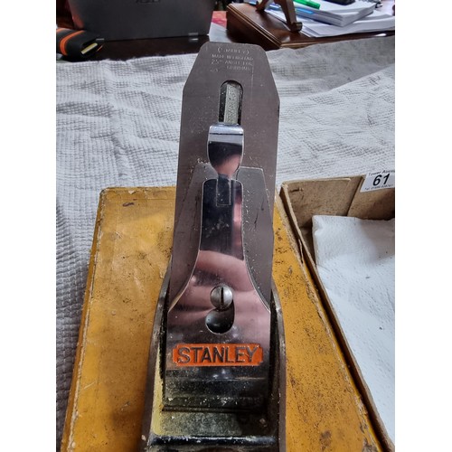 61 - Boxed Stanley No. 4 wood plane in original box along with other vintage wood tools, hand drill etc.