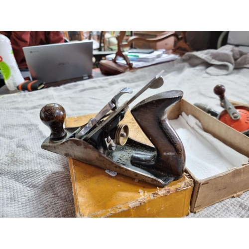 61 - Boxed Stanley No. 4 wood plane in original box along with other vintage wood tools, hand drill etc.