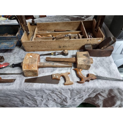 67 - Large wooden carpenters tool box full of carpenters tools inc some good quality vintage hand saws, w... 